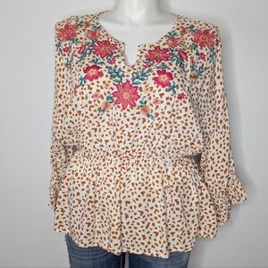 Savanna Jane Brown Cream Red Embroidered Floral Blouse 2X